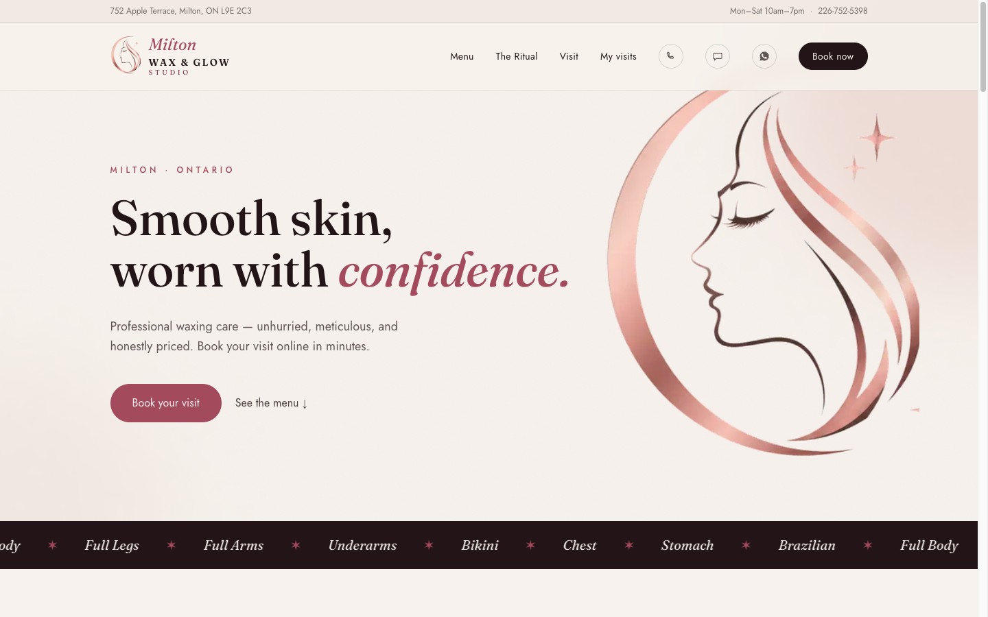 Milton Wax & Glow Studio live site homepage
